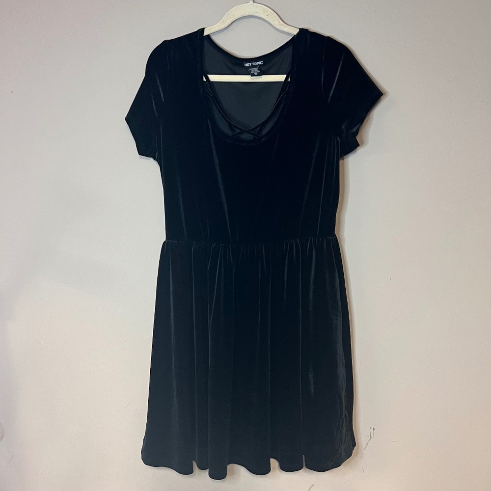 Hot Topic Black Crushed Velvet Babydoll Dress Strappy Neckline Grunge Goth